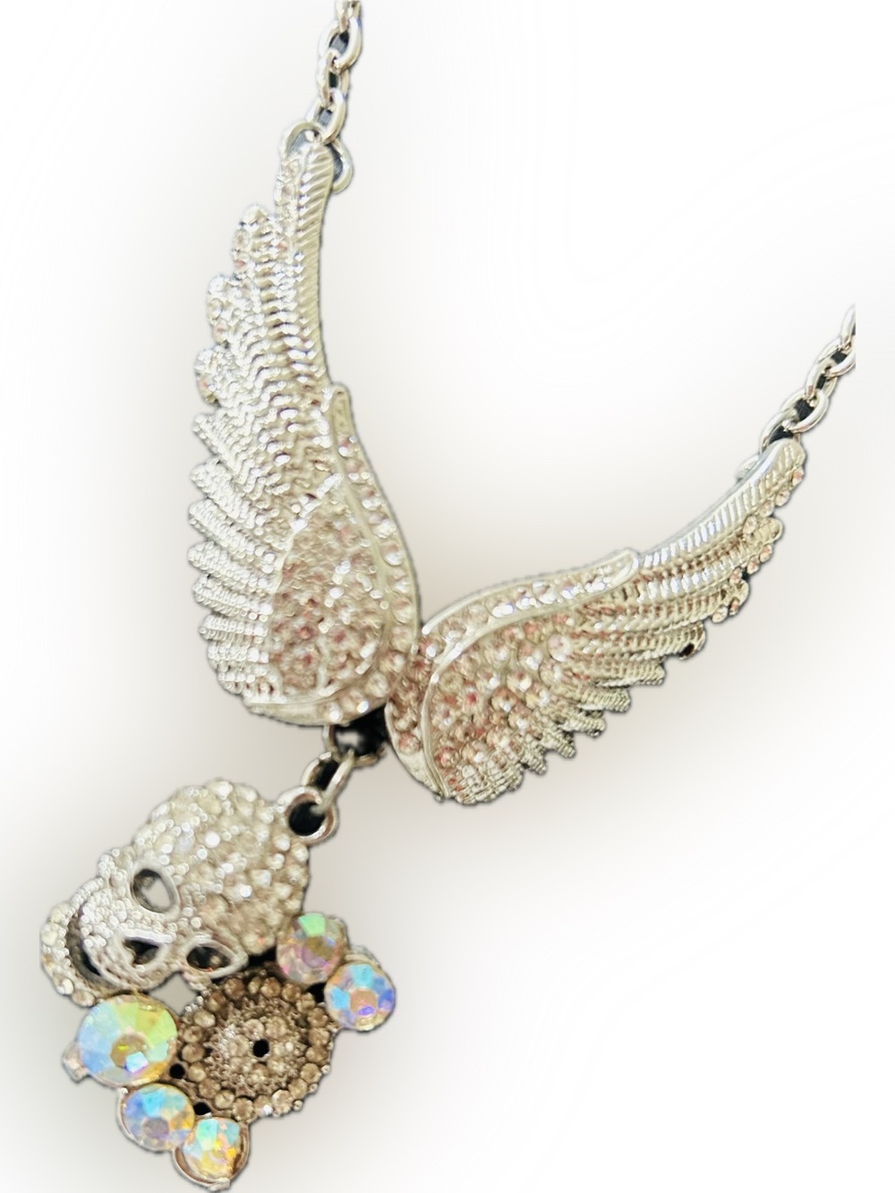 Silvertoned Winged Crystal Skull Crystal accent Pendant Women's Necklace 28"